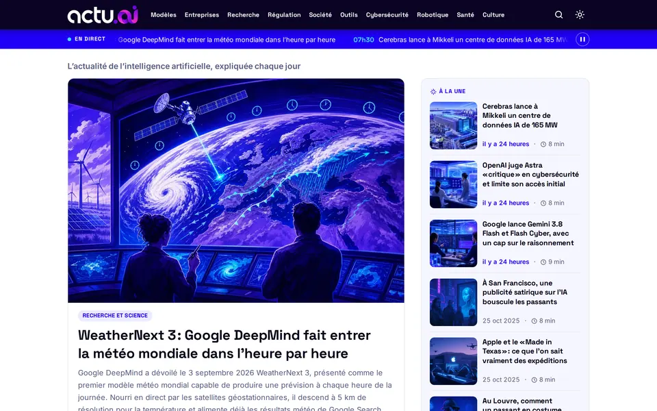 Page d’accueil d’Actu.ai, capture d’écran sur ordinateur.