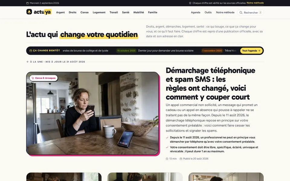 Page d’accueil d’ActuYa, capture d’écran sur ordinateur.