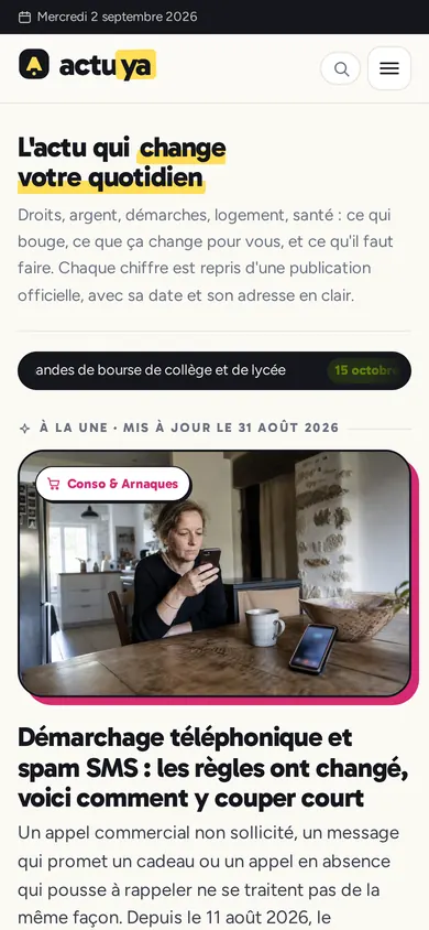 Page d’accueil d’ActuYa sur mobile.