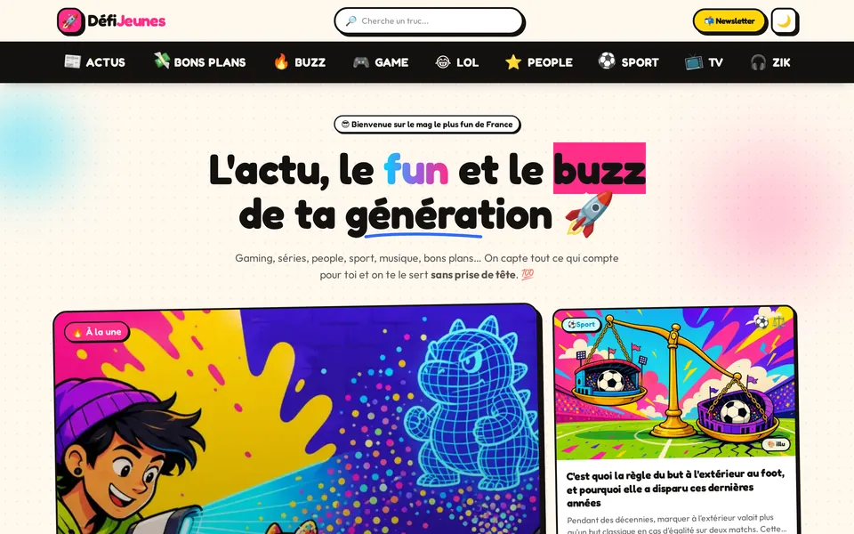 Page d’accueil de DéfiJeunes, capture d’écran sur ordinateur.