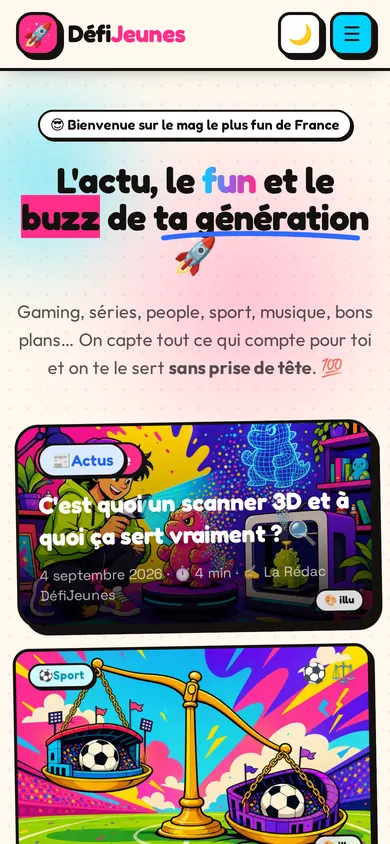 Page d’accueil de DéfiJeunes sur mobile.