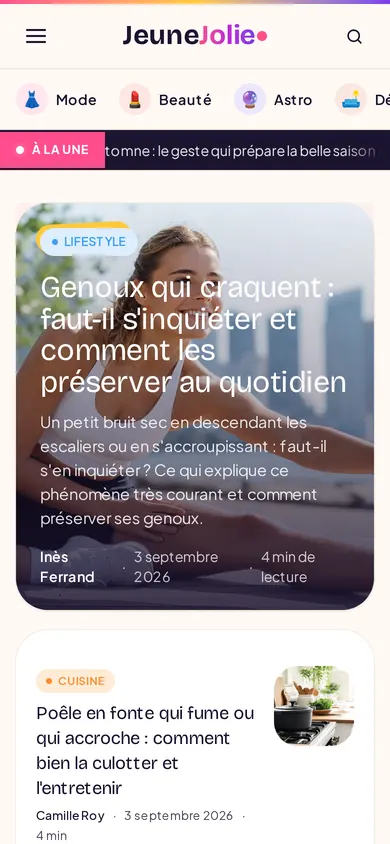 Page d’accueil de Jeune & Jolie sur mobile.