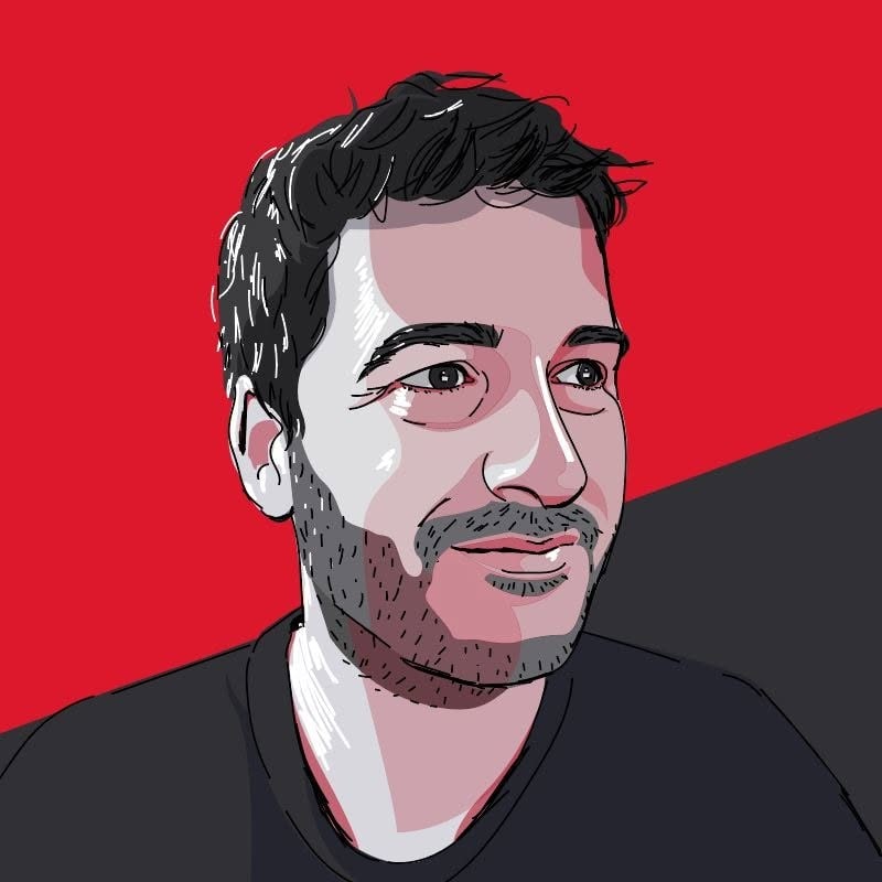 Portrait illustré de Hugo Mollet, souriant, sur fond rouge et anthracite.
